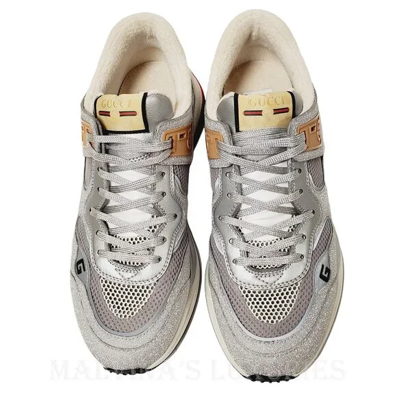 GUCCI SNEAKERS MENS ULTRAPACE SILVER LEATHER SHOES w LOGO